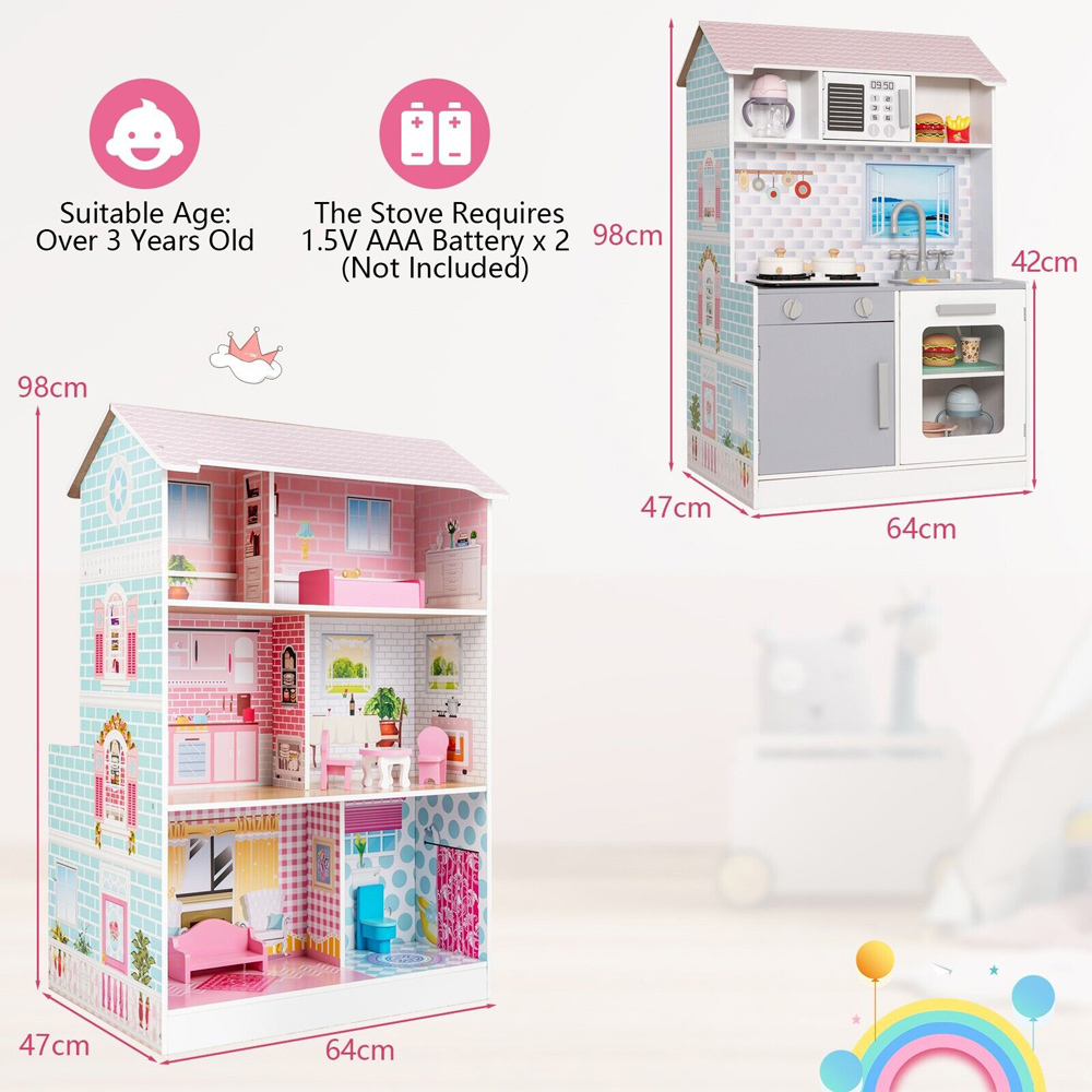 Costway Kids 2 in 1 Toy Kitchen and Dollhouse Play Set Image 8