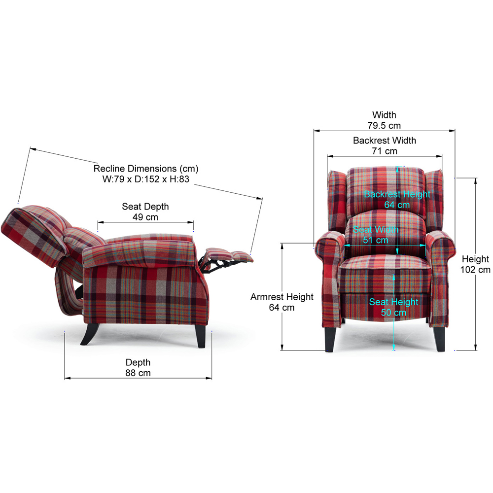 Furniture Online Eaton Red Wing Back Checkered Recliner Chair Image 9
