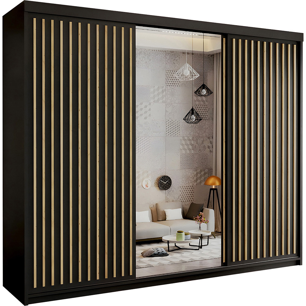 Minimalist Mirror Wardrobe with Shelves, Hanging Rails and Storage Drawers - Black 203cm Image 2