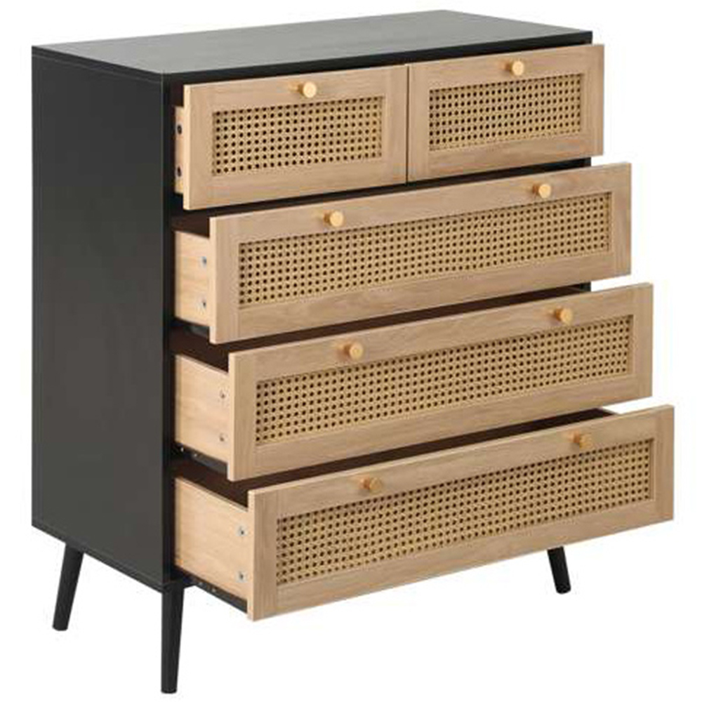 Croxley 5 Drawer Black and Oak Rattan Chest of Drawers Image 4