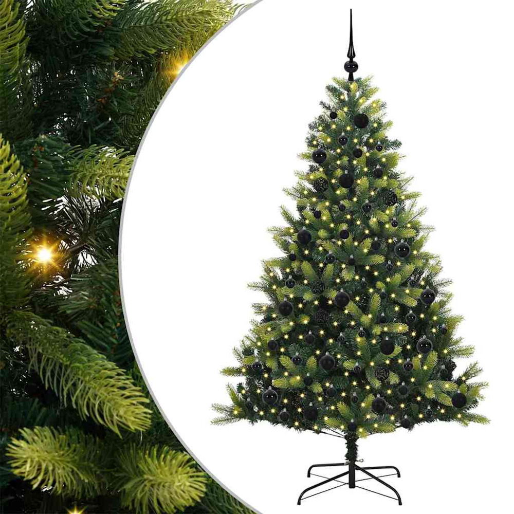vidaXL Pre-Lit Black Baubles Green Artificial Hinged Christmas Tree 6ft Image 2
