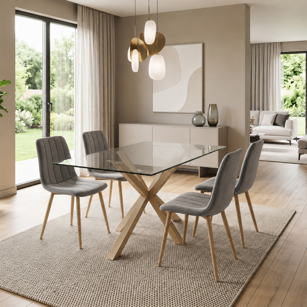 Kosy Koala 4 Seater Tempered Glass Velvet Dining Set Grey Image 7