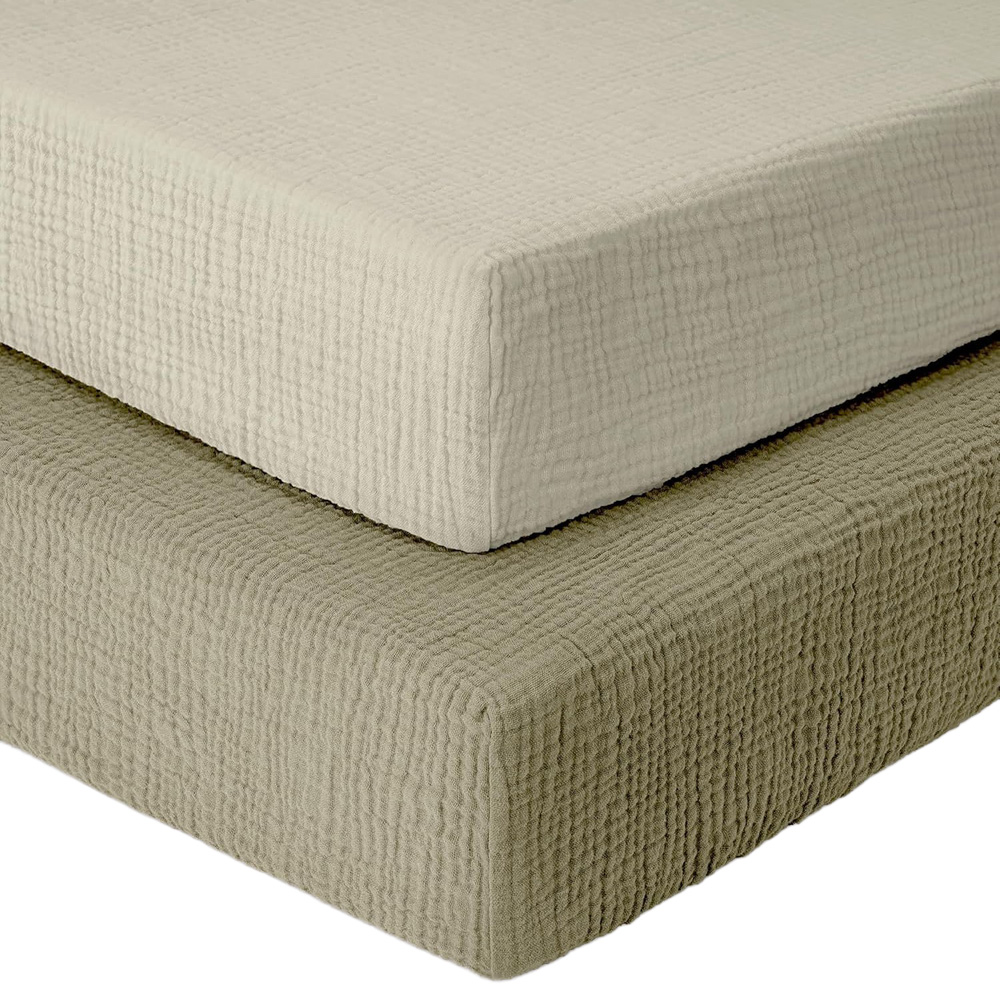 MHG Living Olive and Ecru Cotton Muslin Fitted Cot Bed Sheet 140 x 70cm 2 Pack Image 1