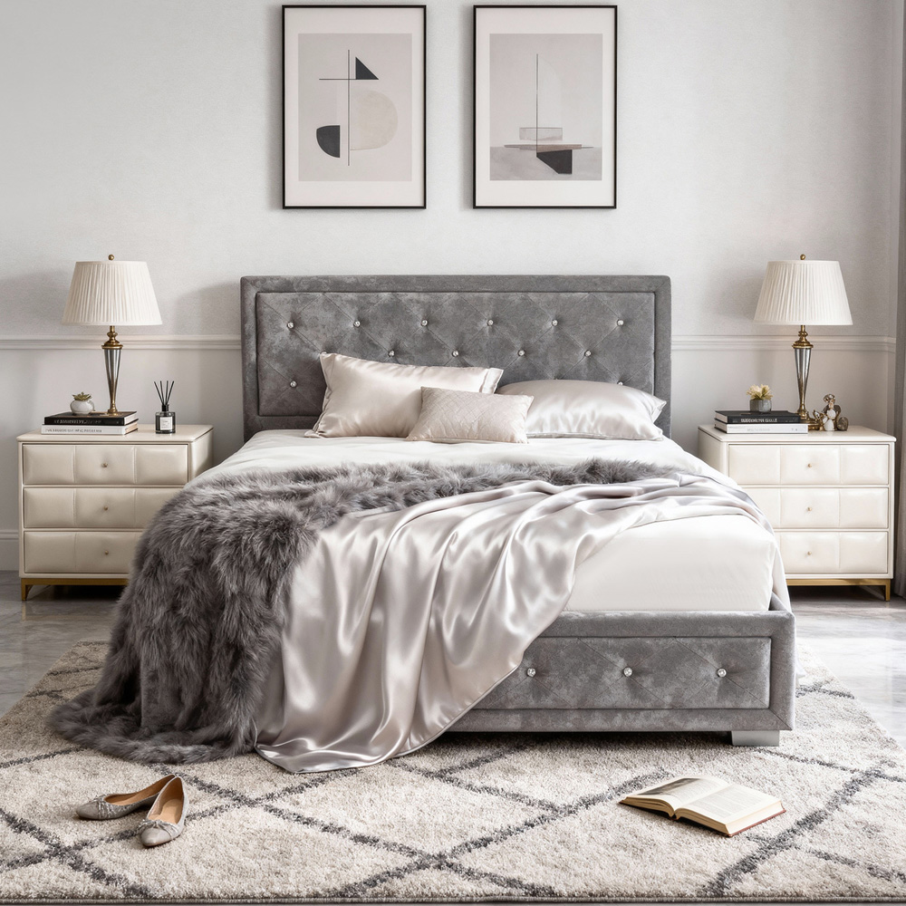 Brooklyn King Size Grey Crushed Velvet Diamante Ottoman Bed Image 4