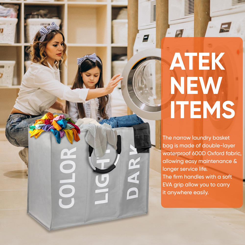 ATEK Triple Compartment Dark Grey Collapsible Laundry Basket Image 2