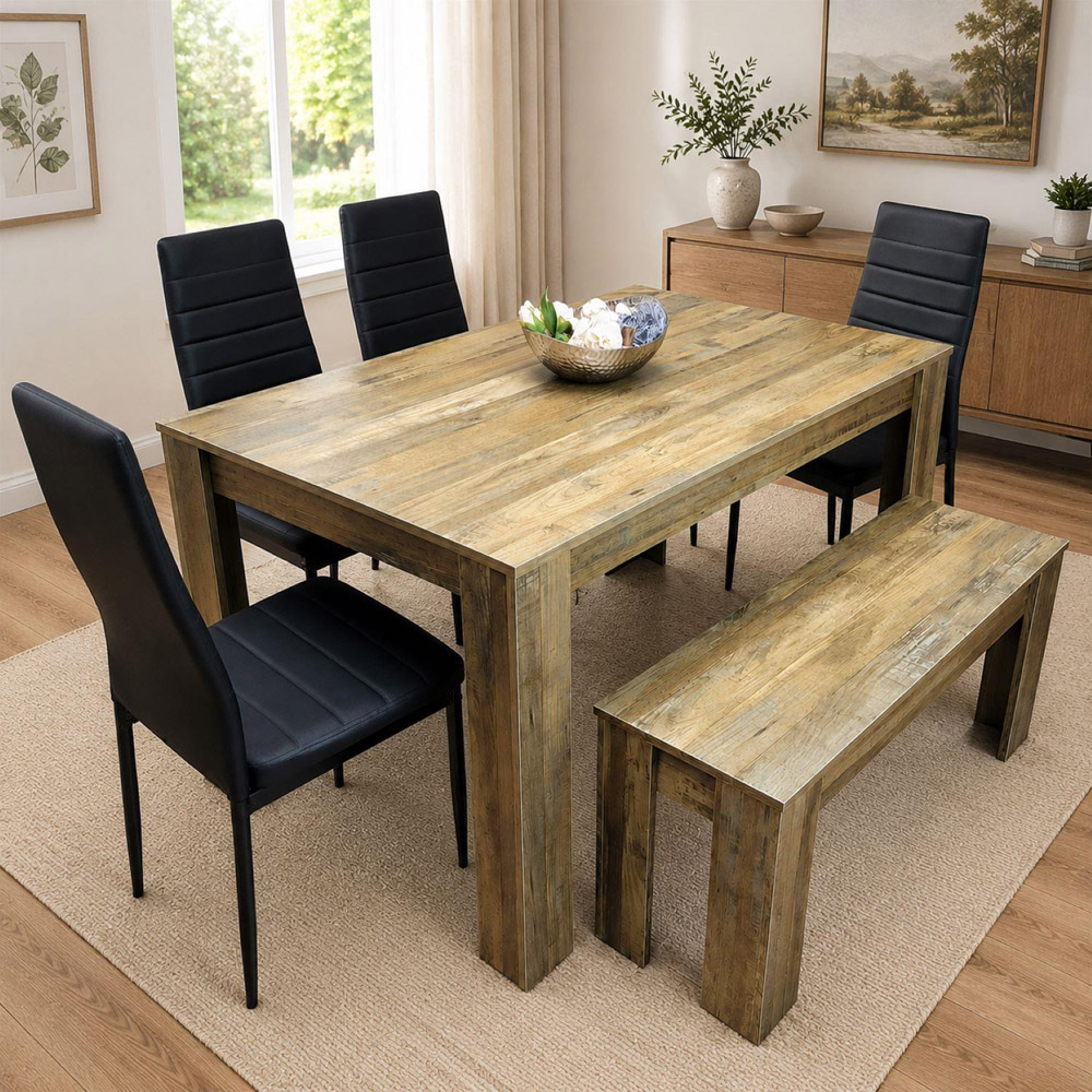 Portland 6 Seater Dining Set Rustic Effect and Black Leather with Bench Image 1