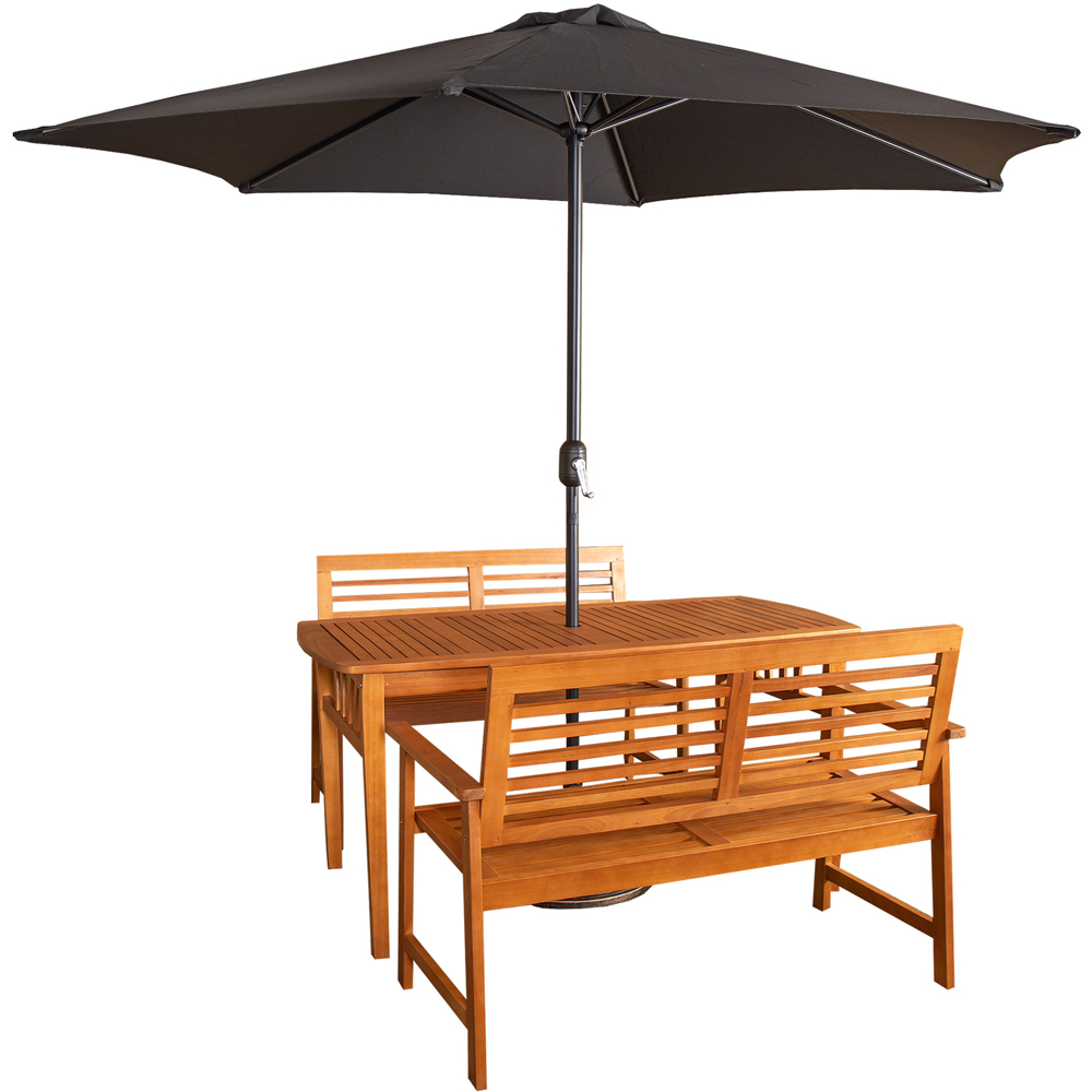 Samuel Alexander 4 Seater Wooden Rectangular Dining Bench Set with Black Havana Parasol and Base Image 2