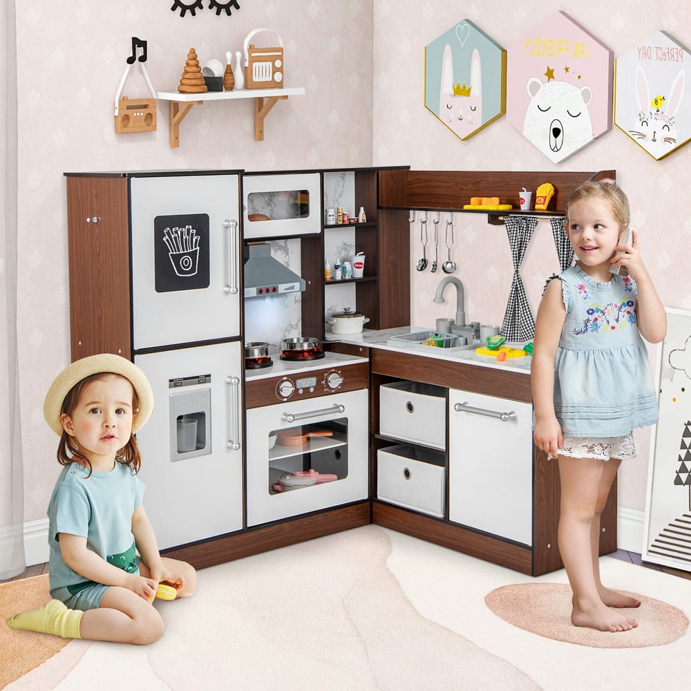 Costway Kids Brown Wooden Corner Kitchen Play Set with Lighted Range Hood Image 2