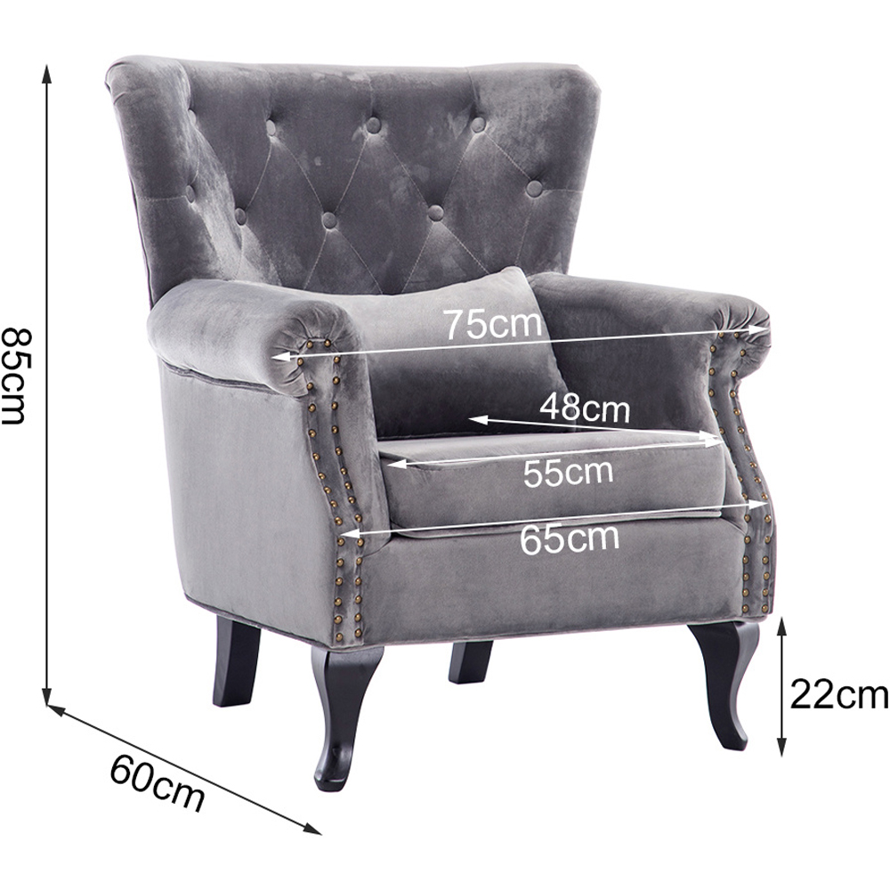 Living and Home Grey Velvet Accent Armchair with Cushion Image 9