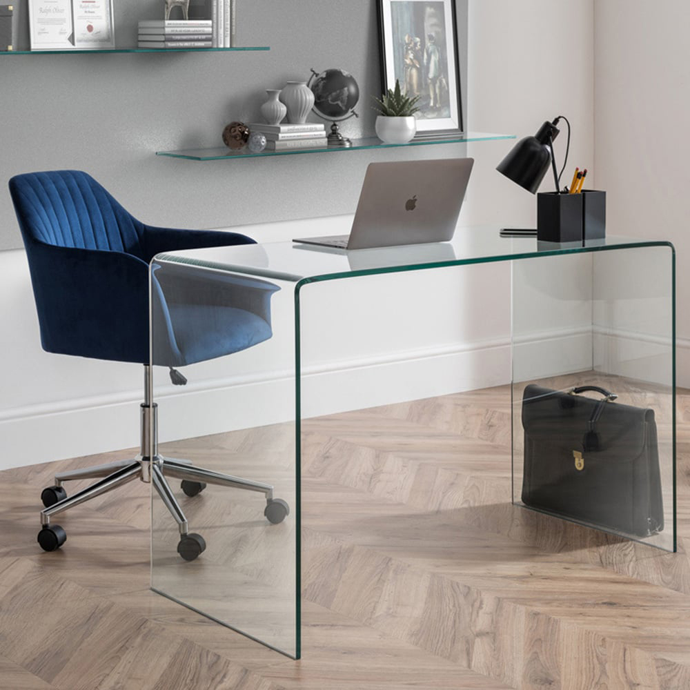 Julian Bowen Amalfi Kahlo Glass Desk and Blue Swivel Office Chair Image 1