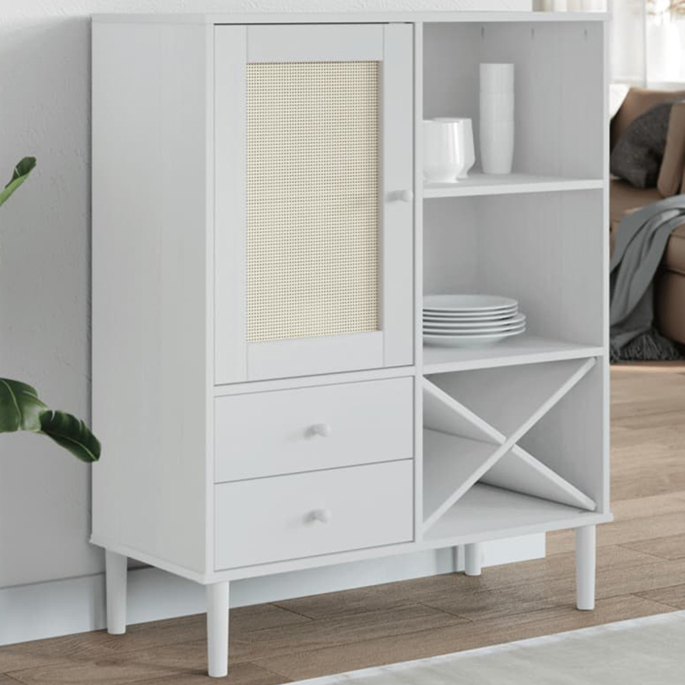 vidaXL Single Rattan Door 2 Drawer 6 Shelf White Pine Wood Highboard Image 1