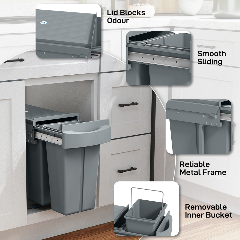 HOMCOM 2 Compartment Grey Metal Under-Sink Kitchen Recycling Bin 30L Image 7
