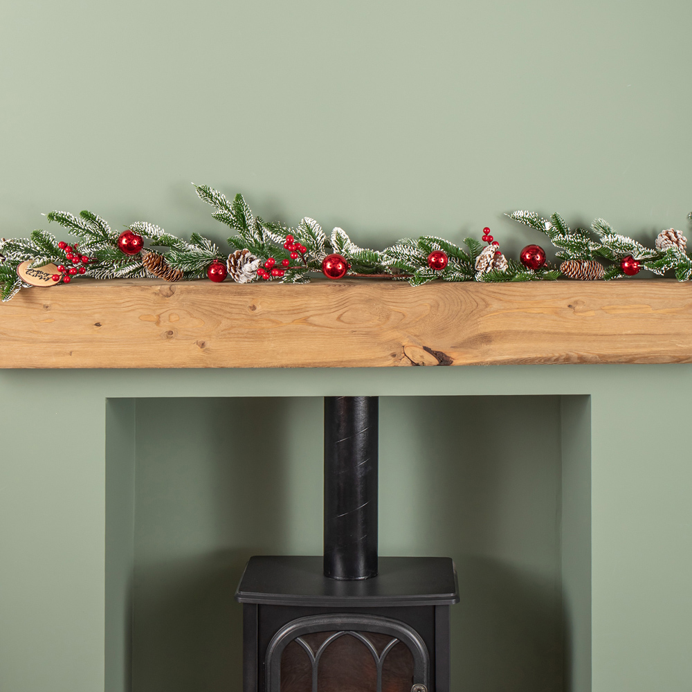 Samuel Alexander Frosted Pinecone Garland with Red Berries and Baubles 190cm Image 2