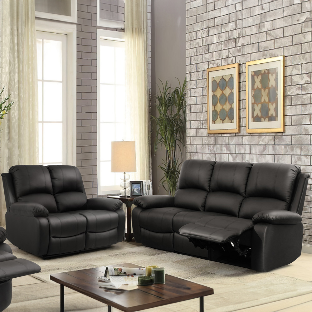 Brooklyn 5 Seater Black Bonded Leather Manual Recliner Sofa Set Image 1