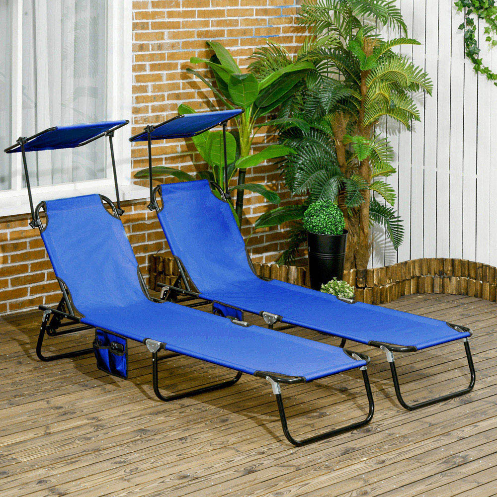 Outsunny Set of 2 Blue Adjustable Folding Sun Lounger with Sunshade Roof Image 7