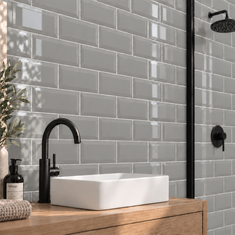 Go Bathrooms Metro Glossy Light Grey Ceramic Wall Tile 100 x 200mm 50 Pack Image 3