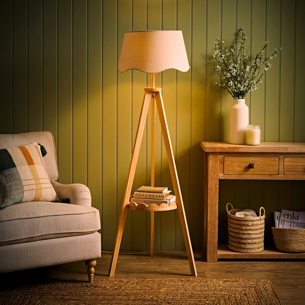 ValueLights Morrigan Natural Shade Wooden Scallop Tripod LED Floor Lamp with Bulb Image 2