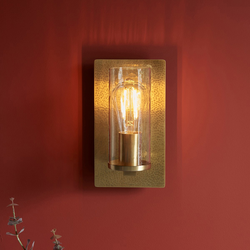 Merano Palermo Hammered Brass Plate with Textured Clear Glass Wall Lamp Image 6