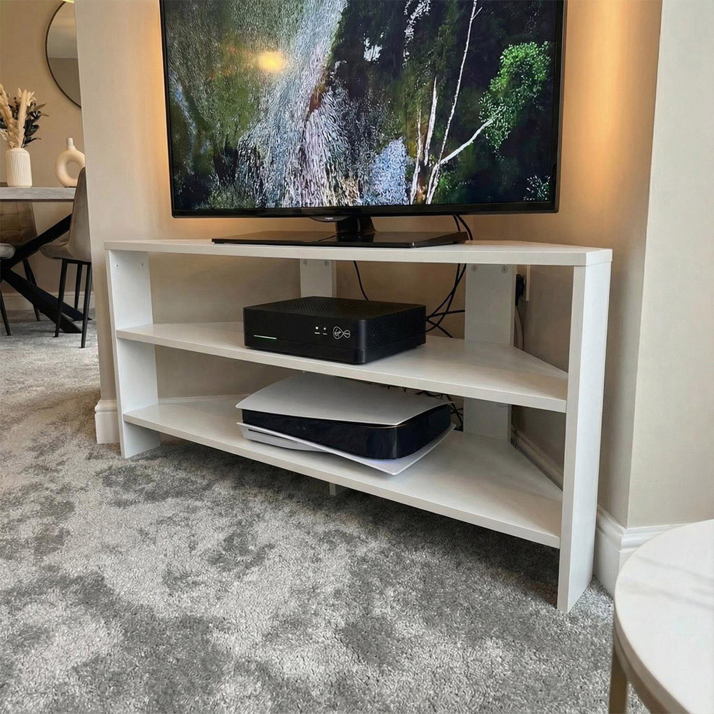 FWStyle Promo 2 Shelf White Corner TV Unit Image 5