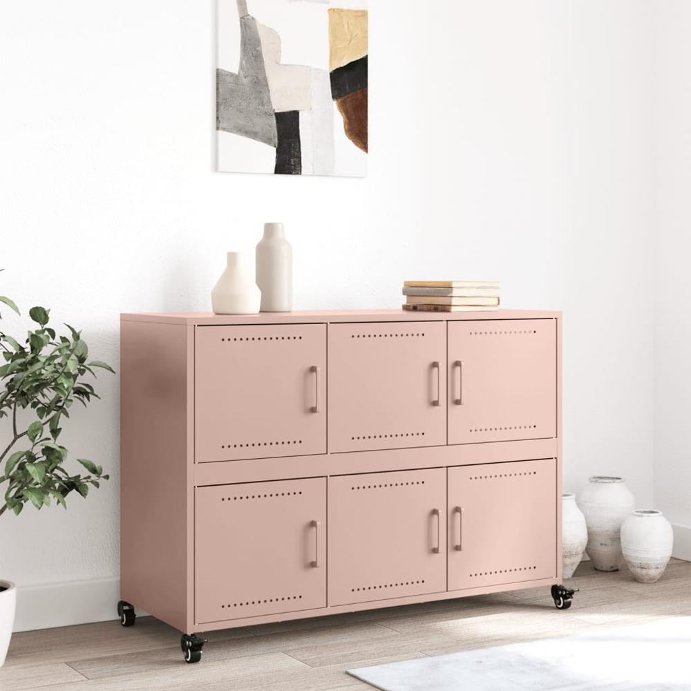 vidaXL 6 Door Pink Metal Sideboard with Wheels Image 9