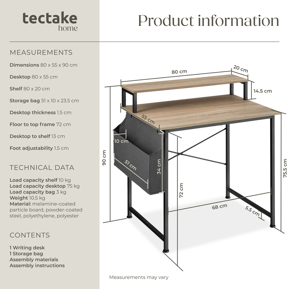 Tectake Desk Industrial Wood Light Desk Oak Sonoma with Fabric Organiser 80cm Image 8