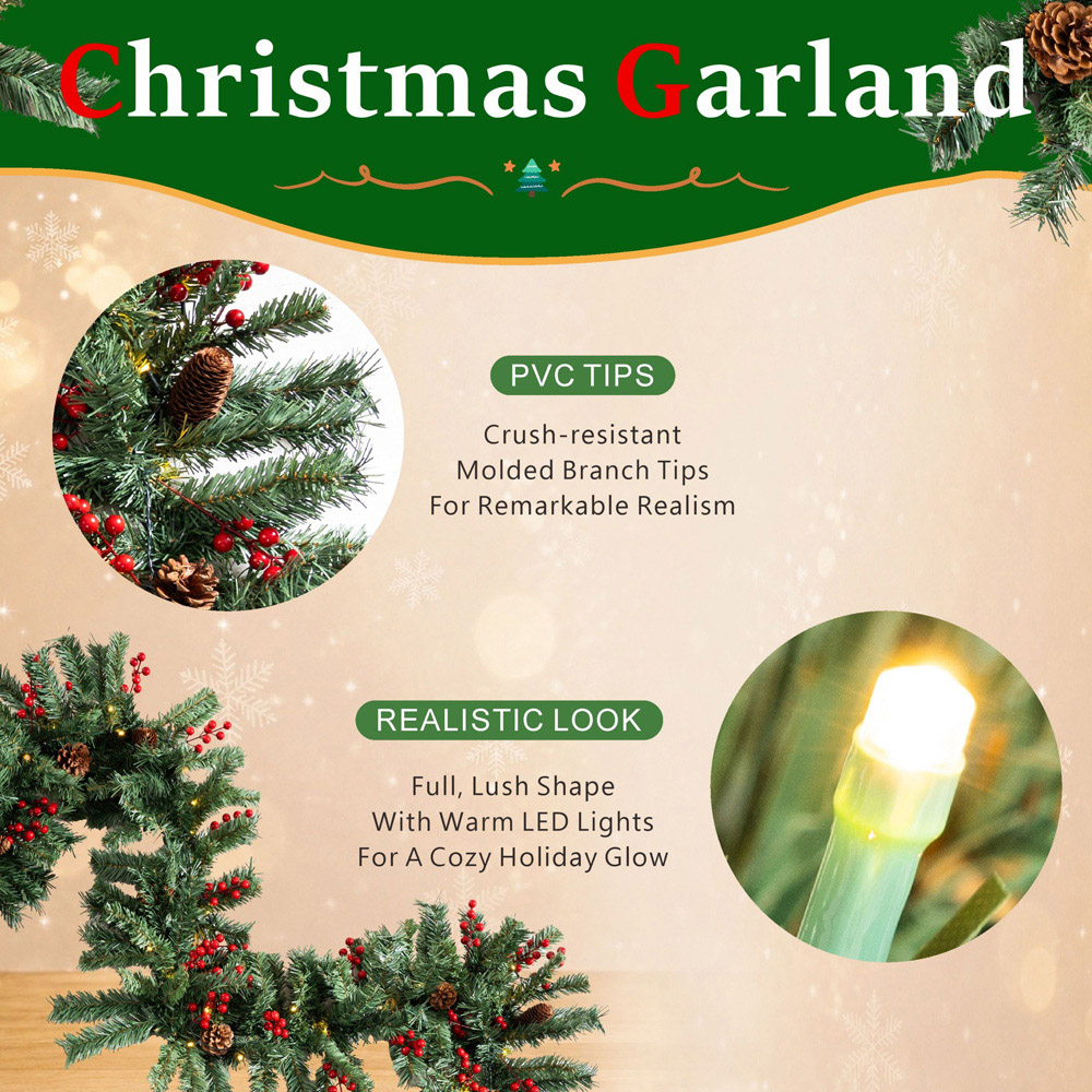 Abrihome 50 Warm White LED Artificial Christmas Garland with Tips Pinecones and Red Berries 270cm Image 6