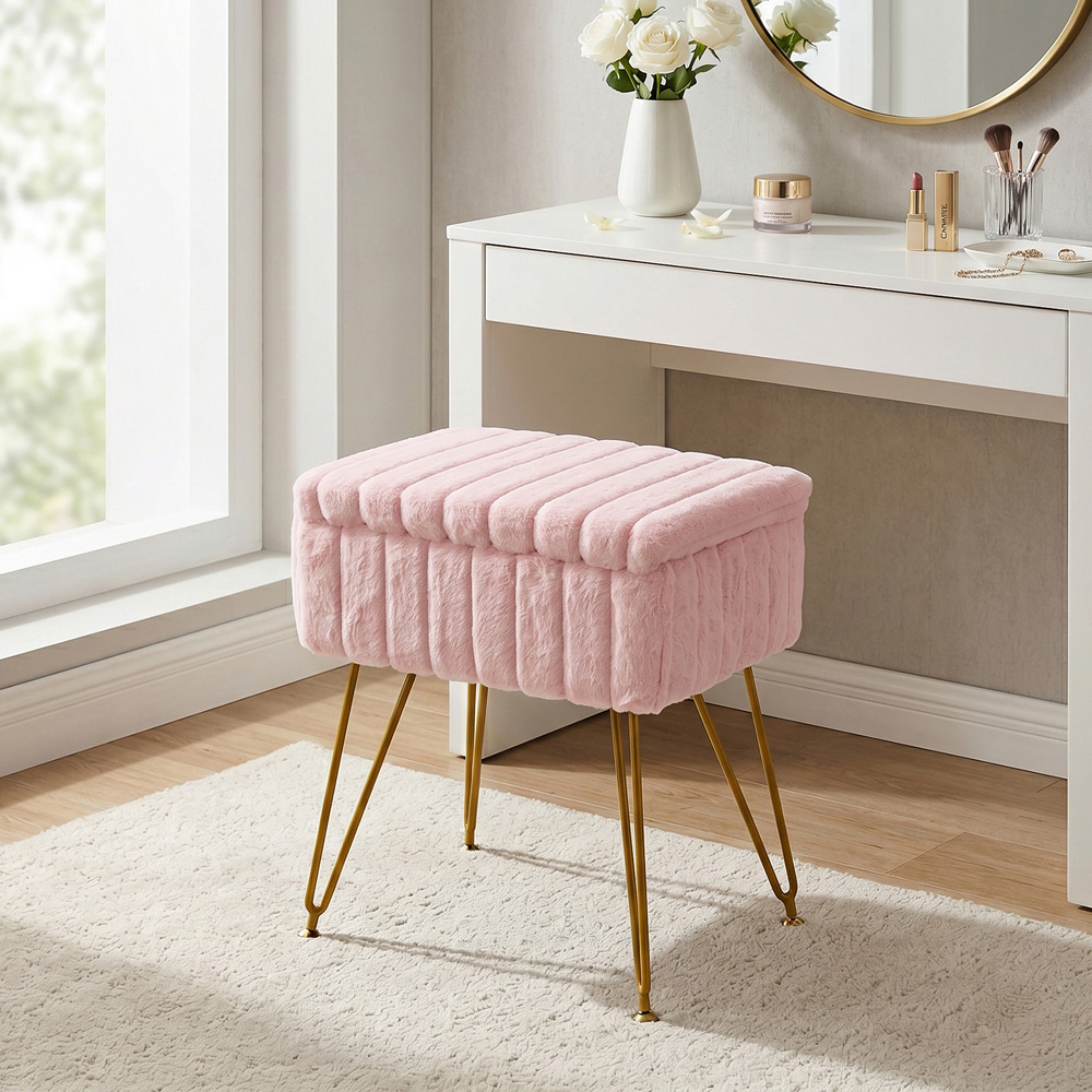 Living and Home Pink Teddy Fleece Storage Ottoman with Gold Metal Legs Image 8