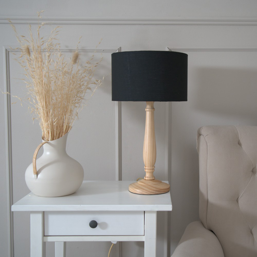 ValueLights Victoria Black Fabric Drum Shade Light Wood Traditional Stem LED Table Lamp Image 3