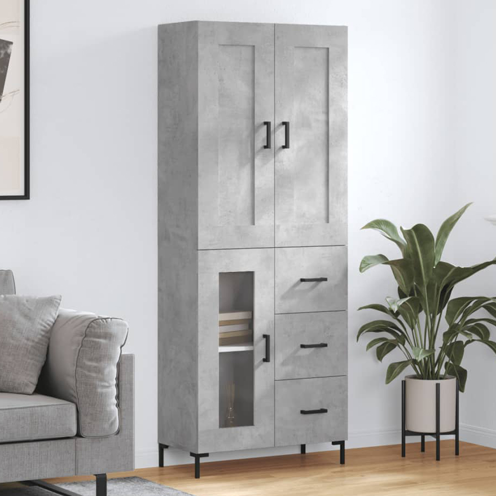 vidaXL 3 Wood and Glass Door 3 Drawer Concrete Grey Tall Highboard Image 1