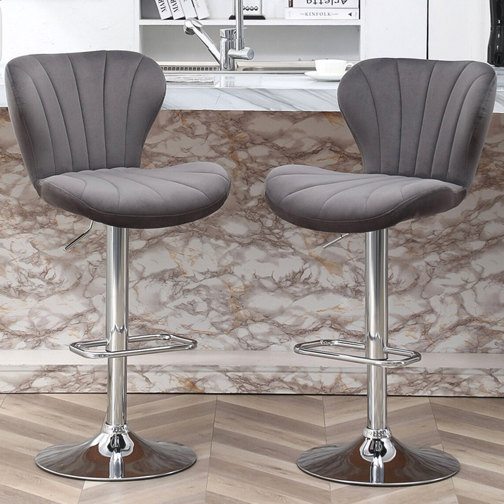 Grey Velvet Height Adjustable Shell Bar Stool Image 1