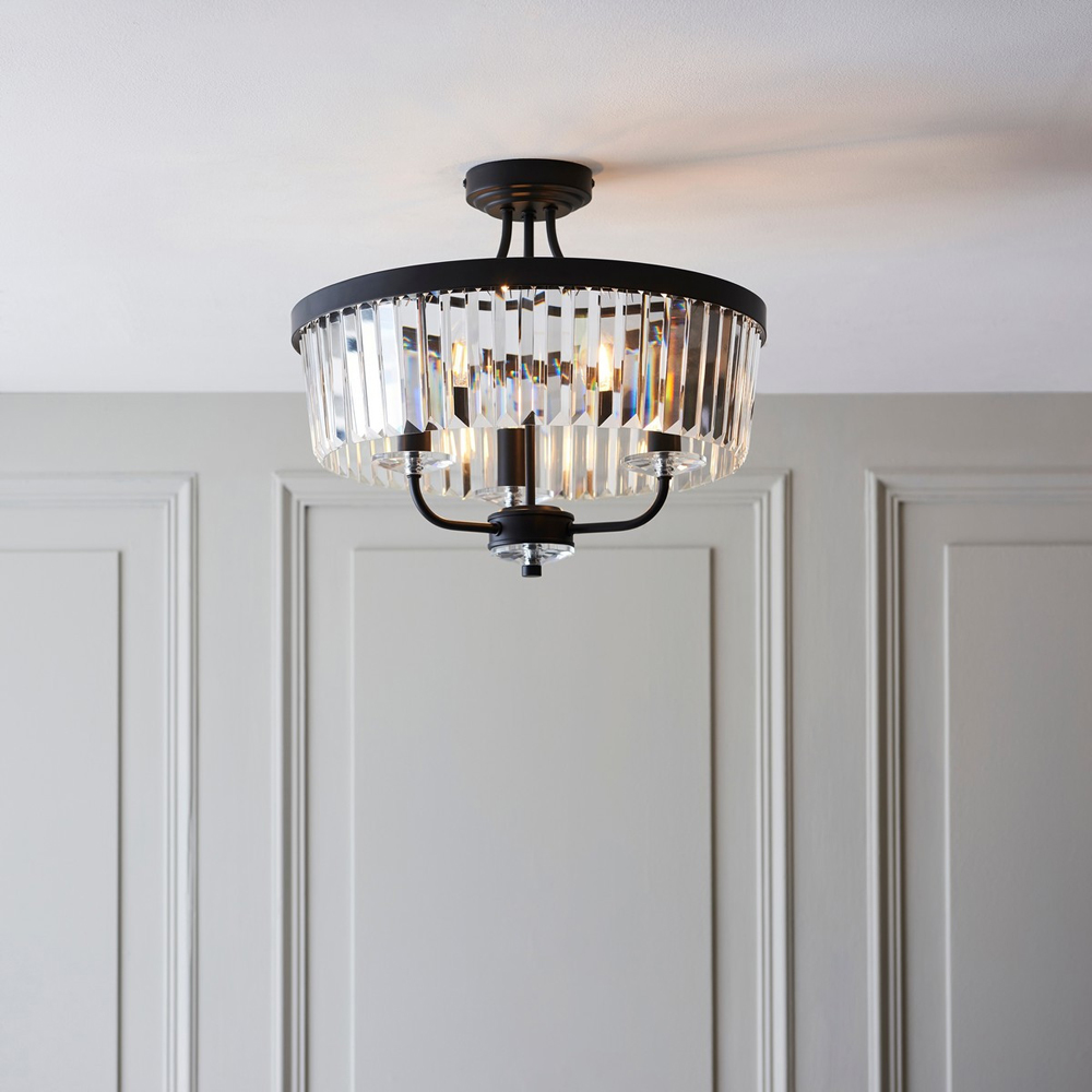 Merano Ascoli Matt Black Cut Glass Multi Arm Semi Flush Ceiling Lamp Image 6