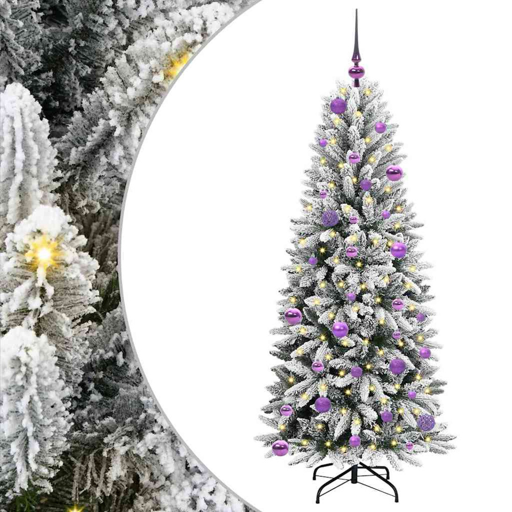 vidaXL Pre-Lit Lilac Baubles Artificial Snow Flocked Christmas Tree 5ft Image 2