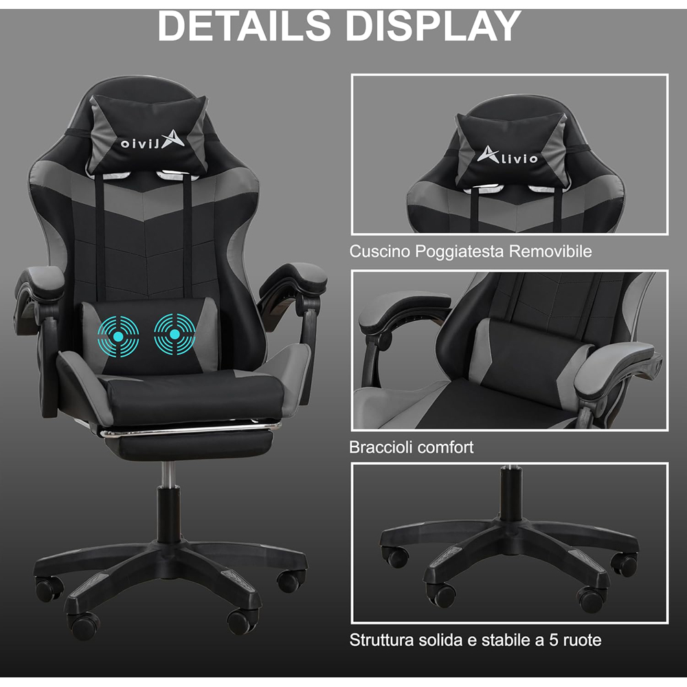 Alivio Black and Grey Ergonomic Swivel Gaming Chair with Footrest and Lumbar Support Image 8