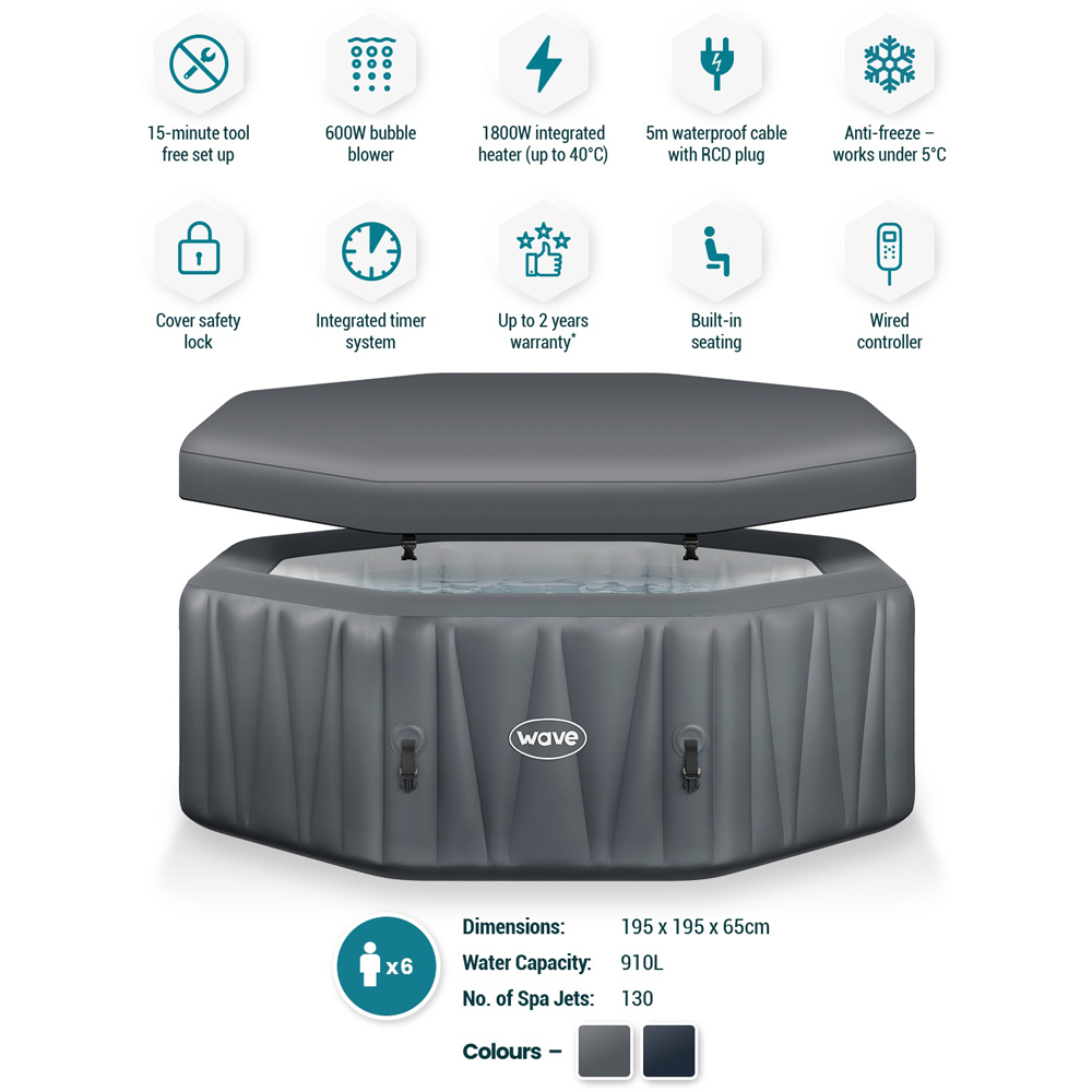 Wave Aegean 6 Person Octagonal Dark Grey Hot Tub Spa Image 5