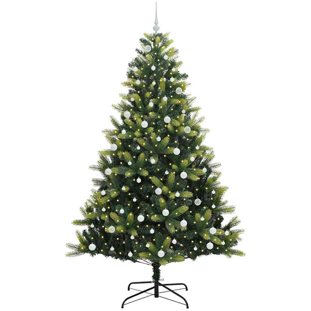 vidaXL Pre-Lit White Baubles Green Artificial Hinged Christmas Tree 8ft Image 1