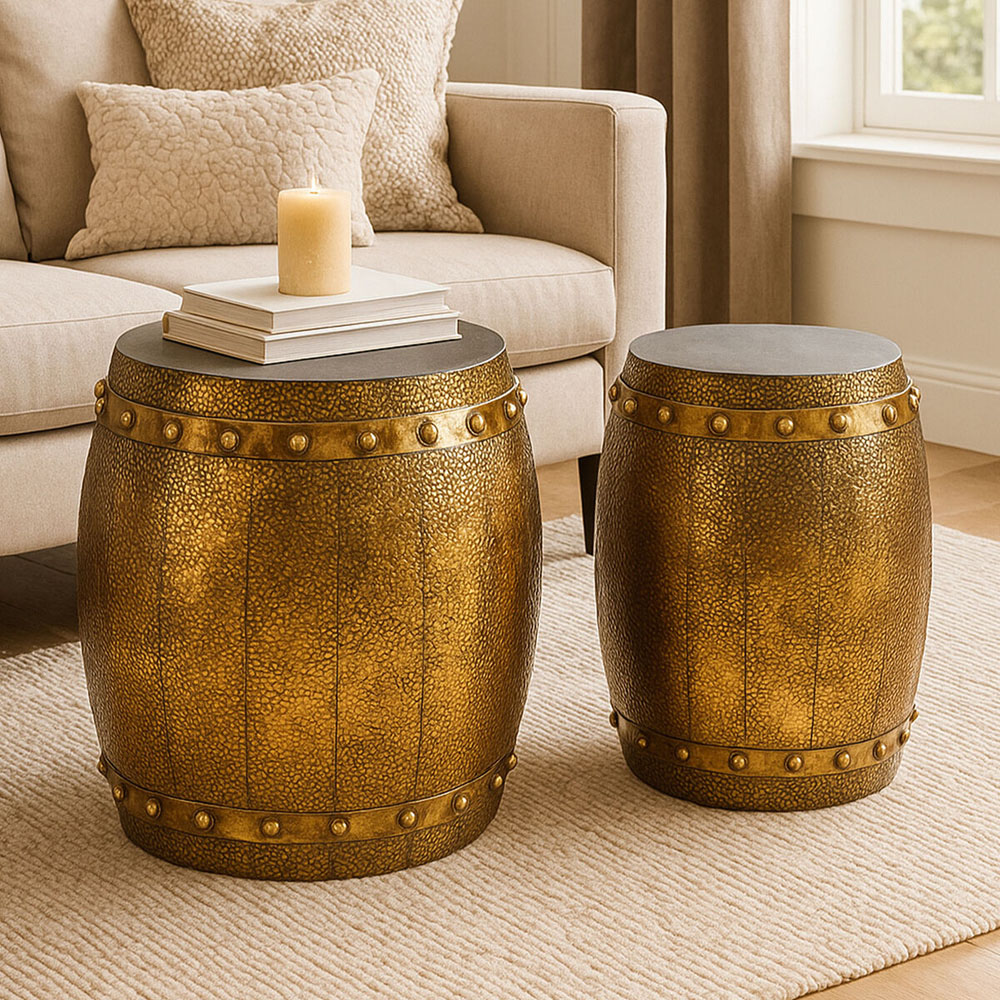 Premier Housewares Reza Hammered Drum Table and Stool Set Image 3