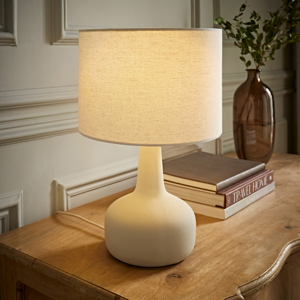 ValueLights Hayley Natural Linen Drum Shade Beige Squat Base Ceramic LED Table Lamp Image 2