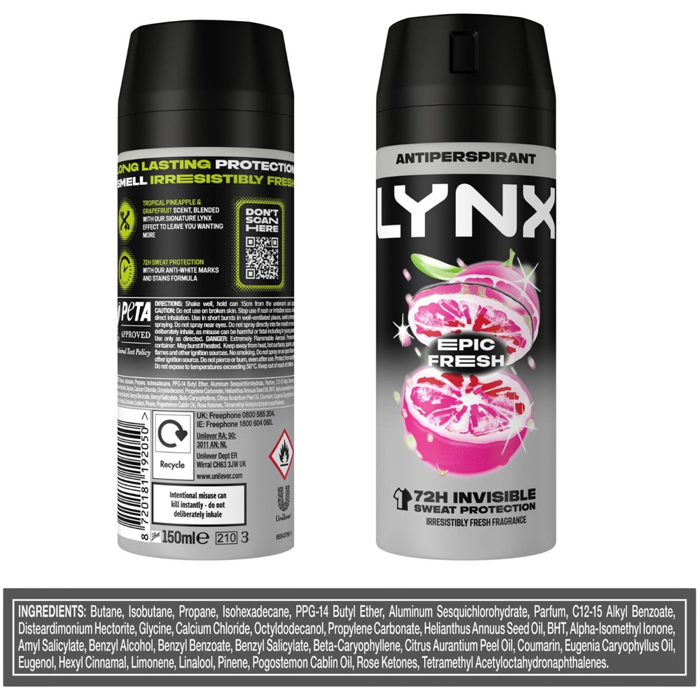 Lynx Epic Fresh 72H Sweat Protection Anti-Perspirant Aerosol Deodorant Body Spray 150ml 36 Pack Image 8