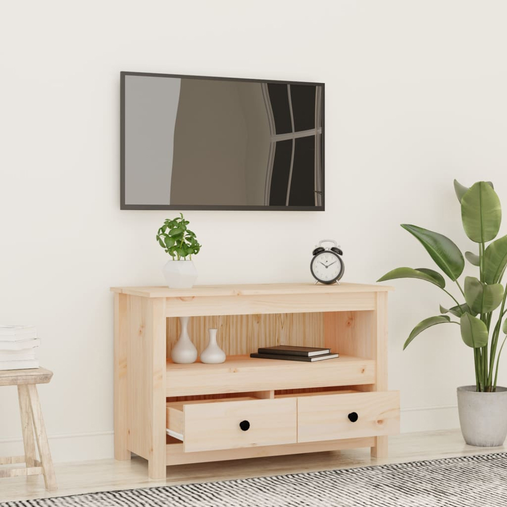 vidaXL 2 Drawer Single Shelf Natural Solid Pine Wood TV Cabinet Image 3