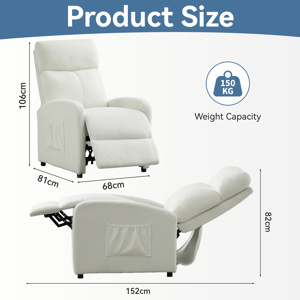 Teddy Fabric Cream and White Recliner Pushback Adjustable Arm Chair Image 9