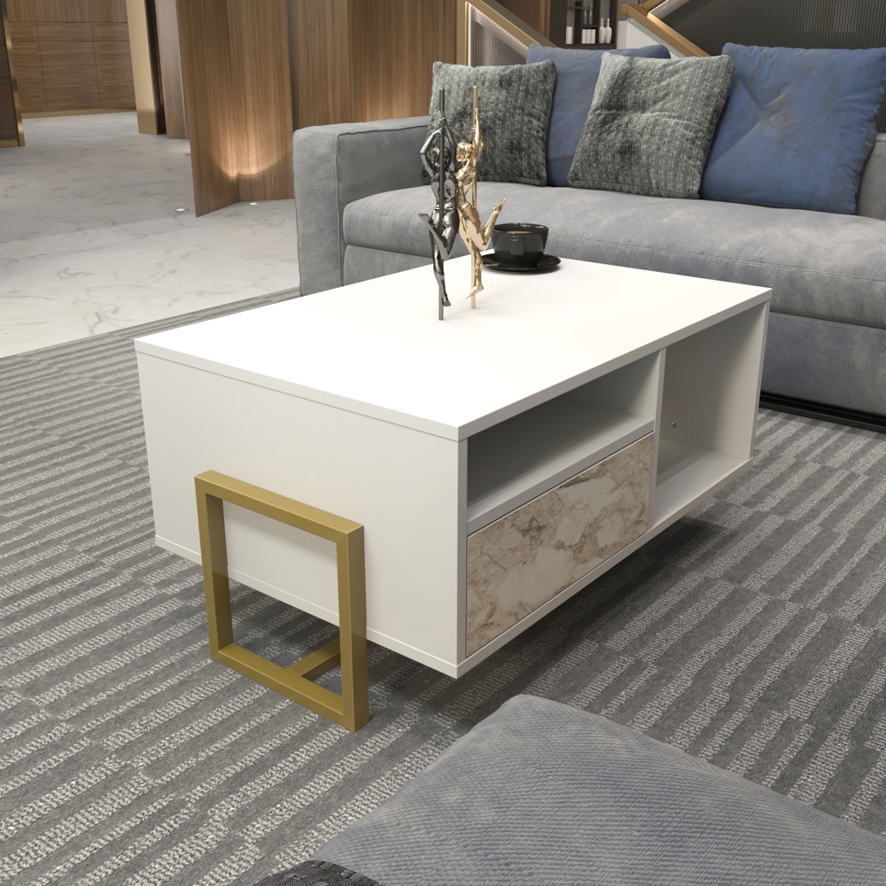 Decorotika Utopie 2 Door 2 Shelf White and White Marble Effect Modern Coffee Table Image 7