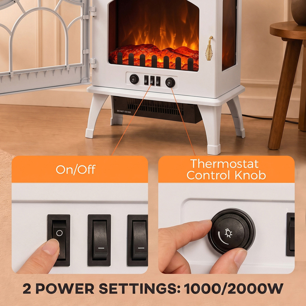 HOMCOM 3-Sided White Glass Electric Fire Fan Heater with Flame Effect Image 5