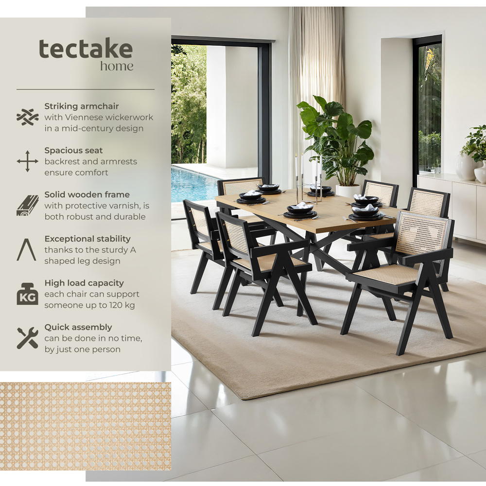 tectake Lizzy Set of 2 Black Rattan Backrest and Wood Frame Dining Chair Image 3