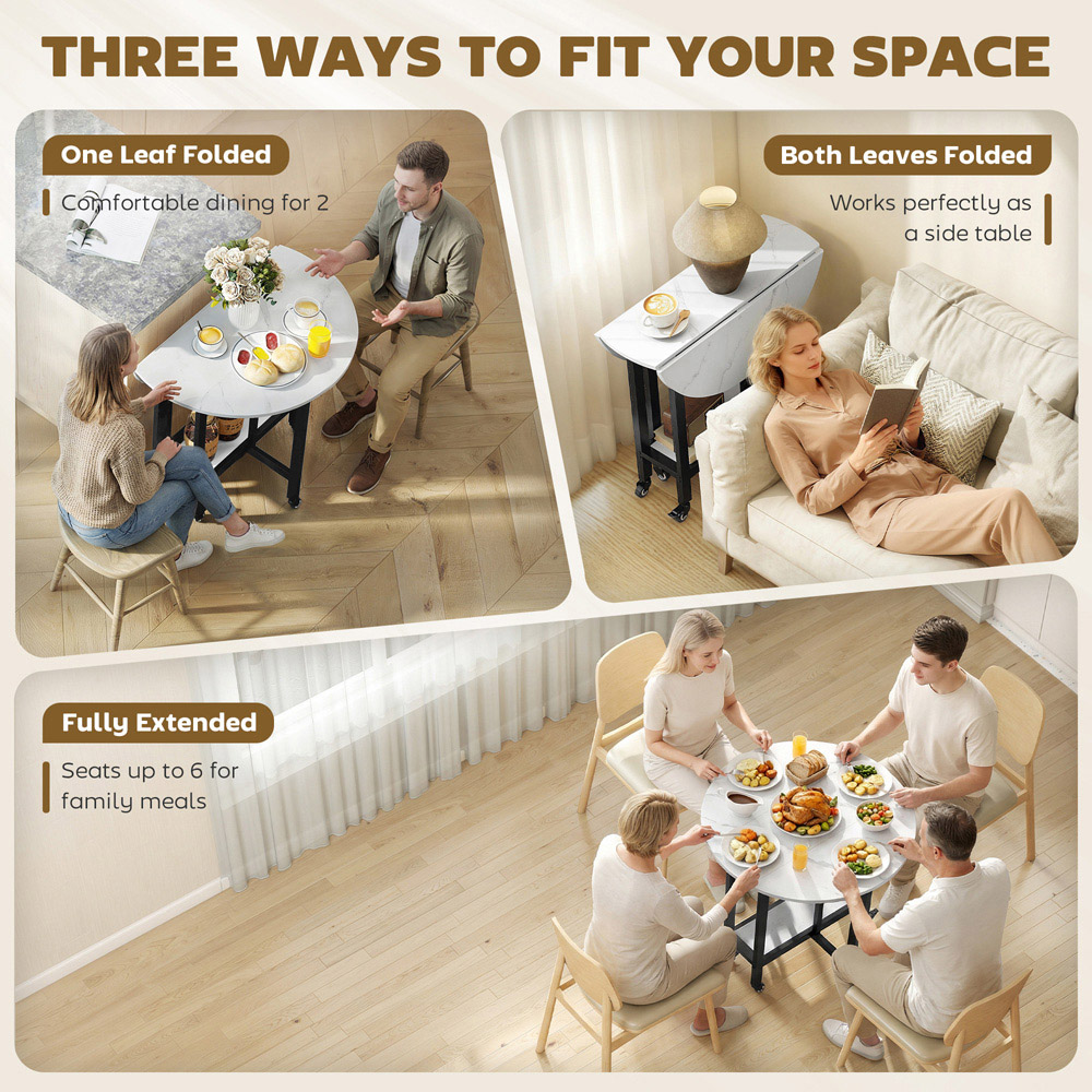 Portland 4 Seater Single Shelf White Marble Drop Leaf Folding Dining Table 80cm Image 7