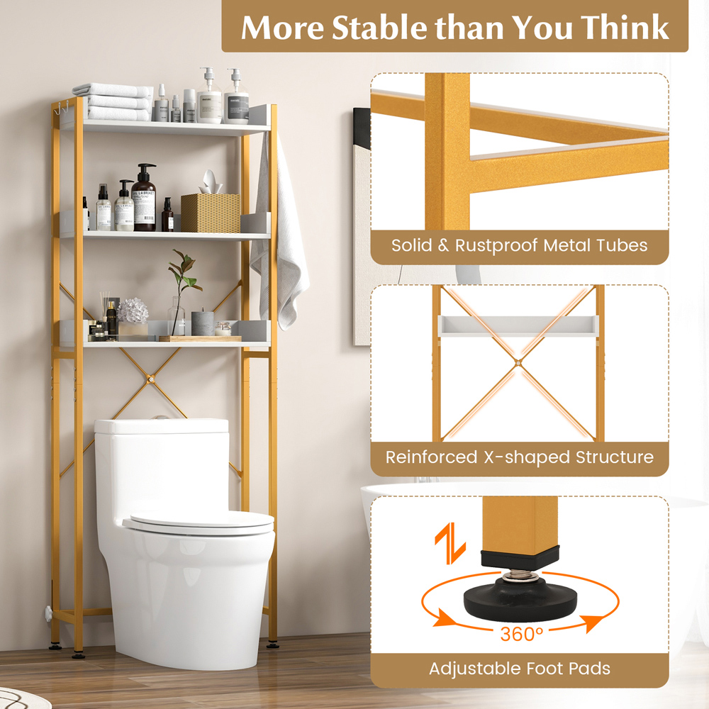 Costway 3 Shelf White and Gold Over The Toilet Storage Shelf with Hooks Image 7