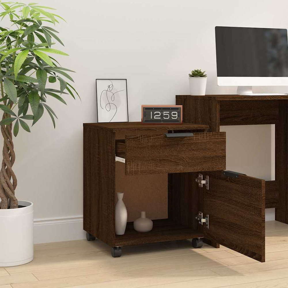 vidaXL Single Door Single Drawer Brown Oak File Cabinet with Swivel Wheels Image 8