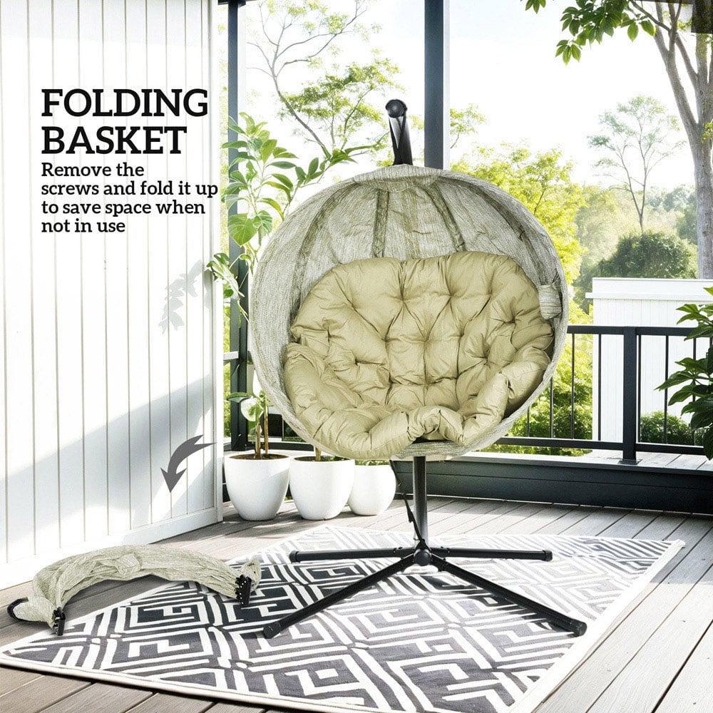 Outsunny Khaki Hanging Egg Chair with Folding Basket Image 6