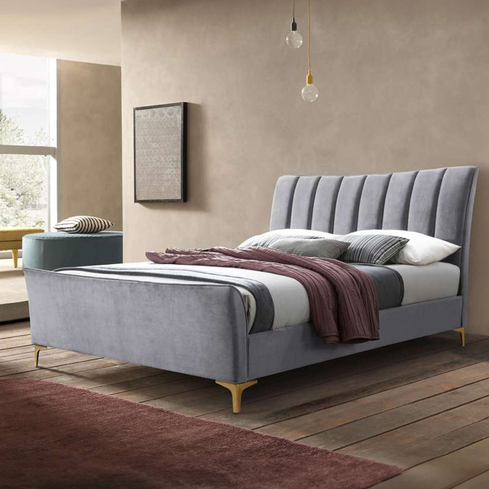 Clover Double Grey Velvet Bed Image 1