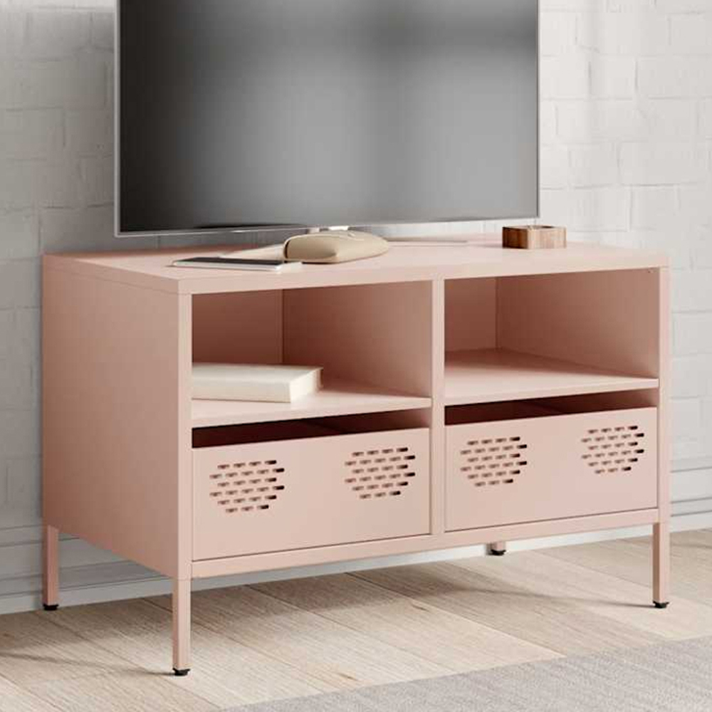 vidaXL 2 Drawer 2 Shelf Pink Steel Industrial Style TV Cabinet Image 1