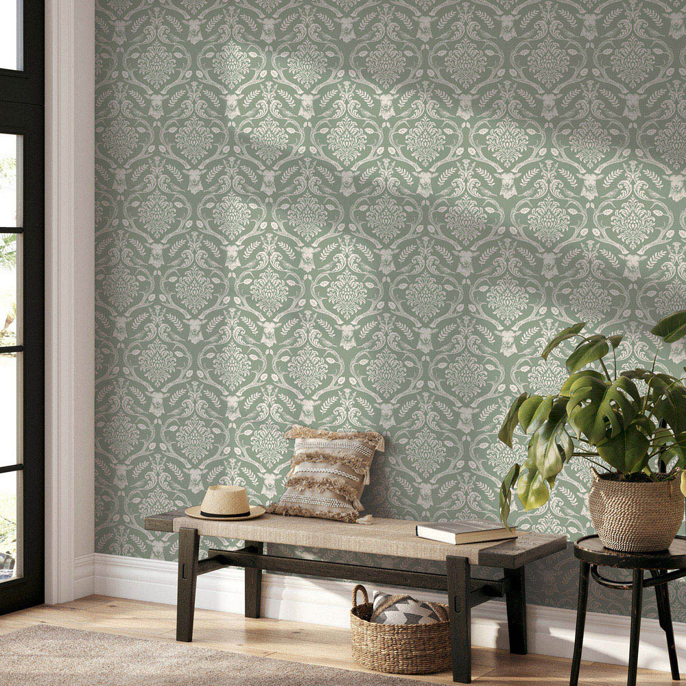 Arthouse Stag Damask Sage Green Wallpaper Image 4